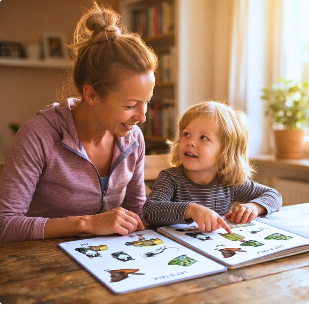 A mother and young child smiling together while reading a Let's Talk picture book at a wooden table