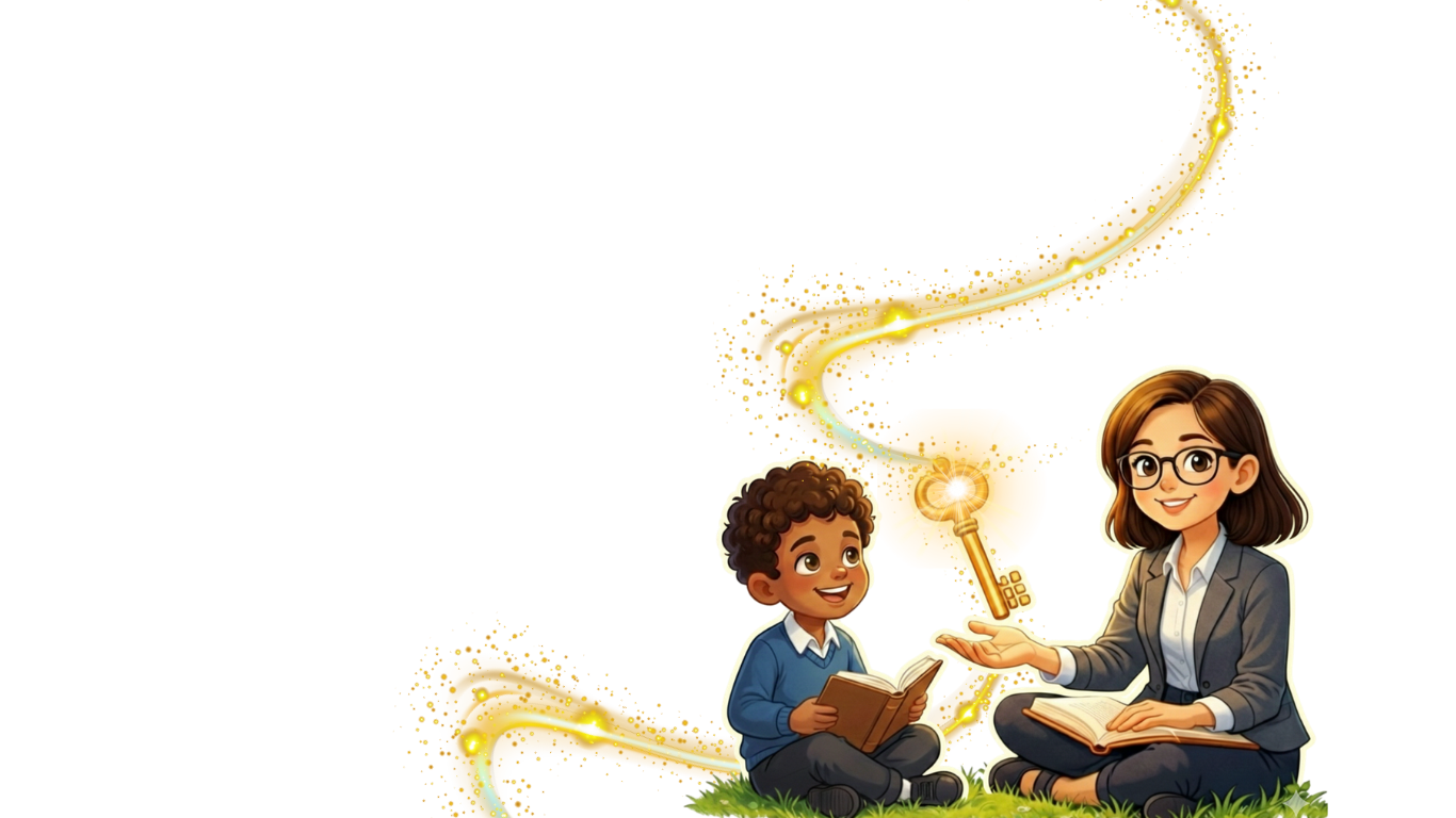 A boy and a teacher sitting together, holding books, with a magical glowing key appearing between them